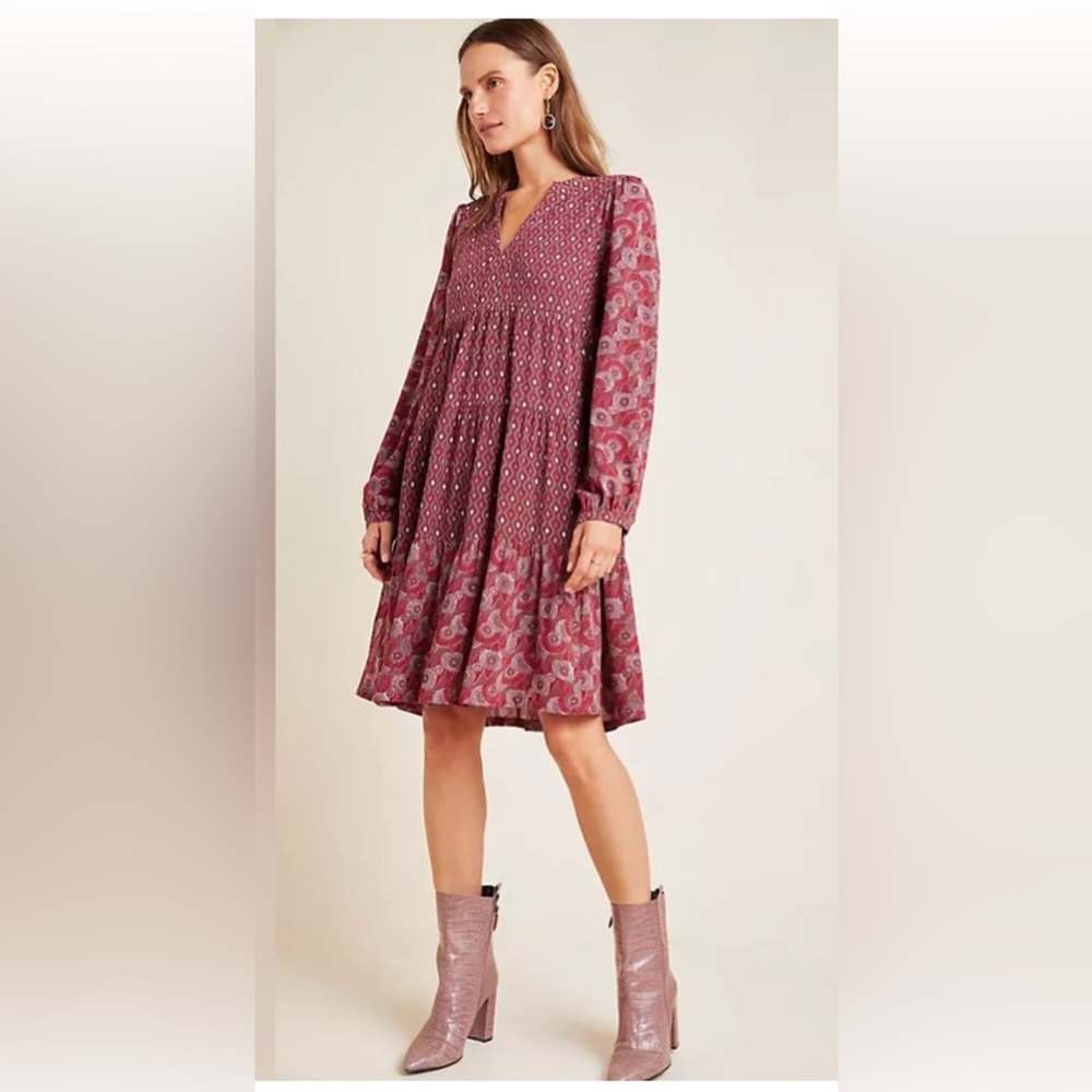 MAEVE ANTHROPOLOGIE AMBER TIERED TUNIC DRESS in RED SIZE SMALL